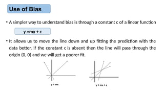 Use of Bias
• A simpler way to understand bias is through a constant c of a linear function
y =mx + c
• It allows us to move the line down and up fitting the prediction with the
data better. If the constant c is absent then the line will pass through the
origin (0, 0) and we will get a poorer fit.
 