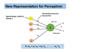 New Representation for Perceptron
Special input, which is
always 1
x1
x2
xn
S
ŷ
w1
w2
wn
1
w0
If S > 0
+1
-1
Otherwise
Threshold function has
become this
S= w0 + w1*x1 + w2*x2 . . . . . . . wn*xn
 