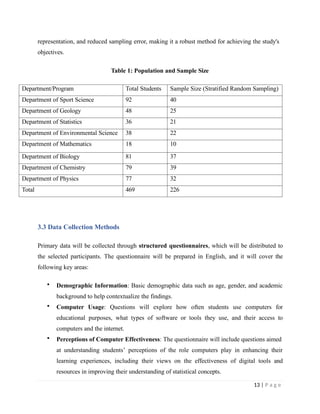representation, and reduced sampling error, making it a robust method for achieving the study's
objectives.
Table 1: Population and Sample Size
13 | P a g e
Department/Program Total Students Sample Size (Stratified Random Sampling)
Department of Sport Science 92 40
Department of Geology 48 25
Department of Statistics 36 21
Department of Environmental Science 38 22
Department of Mathematics 18 10
Department of Biology 81 37
Department of Chemistry 79 39
Department of Physics 77 32
Total 469 226
3.3 Data Collection Methods
Primary data will be collected through structured questionnaires, which will be distributed to
the selected participants. The questionnaire will be prepared in English, and it will cover the
following key areas:
 Demographic Information: Basic demographic data such as age, gender, and academic
background to help contextualize the findings.
 Computer Usage: Questions will explore how often students use computers for
educational purposes, what types of software or tools they use, and their access to
computers and the internet.
 Perceptions of Computer Effectiveness: The questionnaire will include questions aimed
at understanding students’ perceptions of the role computers play in enhancing their
learning experiences, including their views on the effectiveness of digital tools and
resources in improving their understanding of statistical concepts.
 