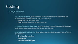 Coding Categories:
• Informational tweets-
• Community-building messages-
• Promotion and mobilization-
• Events and promotions
• Fundraising
• Call-to-action messages
 