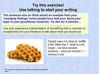 Try this exercise!
Use talking to start your writing
Tell someone else (or think aloud) an example from your
‘emerging findings’ (what people have told your about your
topic in your practitioner research). Try this for 4 minutes…
…………………………………………………………………
Use your experience (interpretation of something that is common or
exceptional) and your literature to talk about what you found out.
http://cooking.lovetoknow.com/breakfast-recipes/one-egg-waffle-
recipe
Cassie says it is okay to ‘waffle’
a bit! Often the 1st
draft is a bit
rough – so have several
versions – save as Version 1 –
Version 2 etc.
 