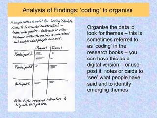 Analysis of Findings: ‘coding’ to organise
Organise the data to
look for themes – this is
sometimes referred to
as ‘coding’ in the
research books – you
can have this as a
digital version – or use
post it notes or cards to
‘see’ what people have
said and to identify
emerging themes
 