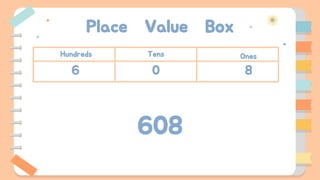 Place Value Box
Hundreds Tens Ones
608
8
0
6
 