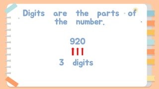 Digits are the parts of
the number.
920
3 digits
 