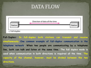 DATA FLOW
Full-Duplex: In full-duplex both stations can transmit and receive
simultaneously One common example of full-duplex communication is the
telephone network. When two people are communicating by a telephone
line, both can talk and listen at the same time. The full duplex mode is
used when communication in both directions is required all the time. The
capacity of the channel, however, must be divided between the two
directions.
 