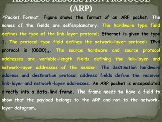 ADDRESS RESOLUTION PROTOCOL
(ARP)
Packet Format: Figure shows the format of an ARP packet. The
names of the fields are selfexplanatory. The hardware type field
defines the type of the link-layer protocol; Ethernet is given the type
1. The protocol type field defines the network-layer protocol: IPv4
protocol is (0800)16. The source hardware and source protocol
addresses are variable-length fields defining the link-layer and
network-layer addresses of the sender. The destination hardware
address and destination protocol address fields define the receiver
link-layer and network-layer addresses. An ARP packet is encapsulated
directly into a data-link frame. The frame needs to have a field to
show that the payload belongs to the ARP and not to the network-
layer datagram.
 