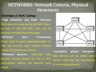 NETWORKS: Network Criteria, Physical
Structures
Advantages of Mesh Topology:
High Reliability and Fault Tolerance
Each device is connected to multiple others,
so even if one link fails, data can be
rerouted through alternative paths.
Efficient Data Transmission
Direct point-to-point connections allow for
fast and accurate data transfer without
relying on intermediary devices.
Enhanced Security: Dedicated links
between devices reduce the risk of data
interception, making the network more
secure.
Scalability without Disruption:
New devices can be added easily
without affecting the functionality
of the existing network.
 