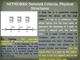 NETWORKS: Network Criteria, Physical
Structures
A drop line is a connection running
between the device and the main
cable. A tap is a connector that
either splices into the main cable or
punctures the sheathing of a cable to
create a contact with the metallic
core. As a signal travels along the
backbone, some of its energy is
transformed into heat. Therefore, it
becomes weaker and weaker as it
travels farther and farther. For this
reason there is a limit on the number
of taps a bus can support and on the
distance between those taps.
Bus Topology: The preceding
examples all describe point-to-point
connections. A bus topology, on the
other hand, is multipoint. One long
cable acts as a backbone to link all
the devices in a network Nodes are
connected to the bus cable by drop
lines and taps.
 