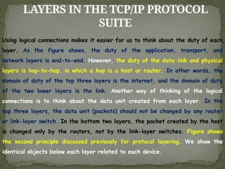 LAYERS IN THE TCP/IP PROTOCOL
SUITE
Using logical connections makes it easier for us to think about the duty of each
layer. As the figure shows, the duty of the application, transport, and
network layers is end-to-end. However, the duty of the data-link and physical
layers is hop-to-hop, in which a hop is a host or router. In other words, the
domain of duty of the top three layers is the internet, and the domain of duty
of the two lower layers is the link. Another way of thinking of the logical
connections is to think about the data unit created from each layer. In the
top three layers, the data unit (packets) should not be changed by any router
or link-layer switch. In the bottom two layers, the packet created by the host
is changed only by the routers, not by the link-layer switches. Figure shows
the second principle discussed previously for protocol layering. We show the
identical objects below each layer related to each device.
 