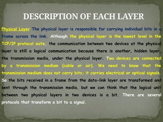 DESCRIPTION OF EACH LAYER
Physical Layer The physical layer is responsible for carrying individual bits in a
frame across the link. Although the physical layer is the lowest level in the
TCP/IP protocol suite, the communication between two devices at the physical
layer is still a logical communication because there is another, hidden layer,
the transmission media, under the physical layer. Two devices are connected
by a transmission medium (cable or air). We need to know that the
transmission medium does not carry bits; it carries electrical or optical signals.
So the bits received in a frame from the data-link layer are transformed and
sent through the transmission media, but we can think that the logical unit
between two physical layers in two devices is a bit. There are several
protocols that transform a bit to a signal.
 