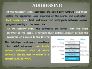 ADDRESSING
The link-layer addresses, sometimes
called MAC addresses, are locally
defined addresses, each of which
defines a specific host or router in a
network (LAN or WAN).
At the transport layer, addresses are called port numbers, and these
define the application-layer programs at the source and destination.
Port numbers are local addresses that distinguish between several
programs running at the same time.
At the network-layer, the addresses are global, with the whole
Internet as the scope. A network-layer address uniquely defines the
connection of a device to the Internet.
 