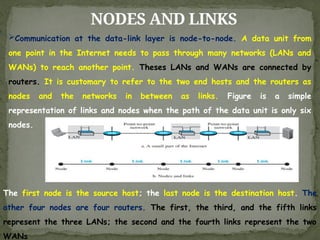NODES AND LINKS
Communication at the data-link layer is node-to-node. A data unit from
one point in the Internet needs to pass through many networks (LANs and
WANs) to reach another point. Theses LANs and WANs are connected by
routers. It is customary to refer to the two end hosts and the routers as
nodes and the networks in between as links. Figure is a simple
representation of links and nodes when the path of the data unit is only six
nodes.
The first node is the source host; the last node is the destination host. The
other four nodes are four routers. The first, the third, and the fifth links
represent the three LANs; the second and the fourth links represent the two
WANs
 