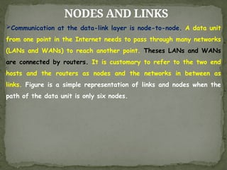 NODES AND LINKS
Communication at the data-link layer is node-to-node. A data unit
from one point in the Internet needs to pass through many networks
(LANs and WANs) to reach another point. Theses LANs and WANs
are connected by routers. It is customary to refer to the two end
hosts and the routers as nodes and the networks in between as
links. Figure is a simple representation of links and nodes when the
path of the data unit is only six nodes.
 