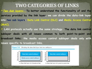 TWO CATEGORIES OF LINKS
Two Sub layers: To better understand the functionality of and the
services provided by the link layer, we can divide the data-link layer
into two sub layers: Data Link Control (DLC) and Media Access Control
(MAC).
 LAN protocols actually use the same strategy. The data link control
sublayer deals with all issues common to both point-to-point and
broadcast links; the media access control sublayer deals only with
issues specific to broadcast links.
 