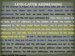 LINK-LAYER ADDRESSING
In the internet in Figure 9.5, we have three links and two routers.
We also have shown only two hosts: Alice (source) and Bob
(destination). For each host, we have shown two addresses, the IP
addresses (N) and the link-layer addresses (L). Note that a router has
as many pairs of addresses as the number of links the router is
connected to. We have shown three frames, one in each link. Each
frame carries the same datagram with the same source and destination
addresses (N1 and N8), but the link-layer addresses of the frame
change from link to link. In link 1, the link-layer addresses are L1 and
L2. In link 2, they are L4 and L5. In link 3, they are L7 and L8. Note
that the IP addresses and the link-layer addresses are not in the
same order. For IP addresses, the source address comes before the
destination address; for link-layer addresses, the destination address
comes before the source.
 