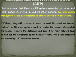 ADDRESS RESOLUTION PROTOCOL
(ARP)
Let us assume that there are 20 systems connected to the network
(link): system A, system B, and 18 other systems. We also assume
that system A has 10 datagrams to send to system B in one second.
Without using ARP, system A needs to send 10 broadcast frames.
Each of the 18 other systems need to receive the frames, decapsulate
the frames, remove the datagram and pass it to their network-layer
to find out the datagrams do not belong to them.This means processing
and discarding 180 broadcast frames.
 