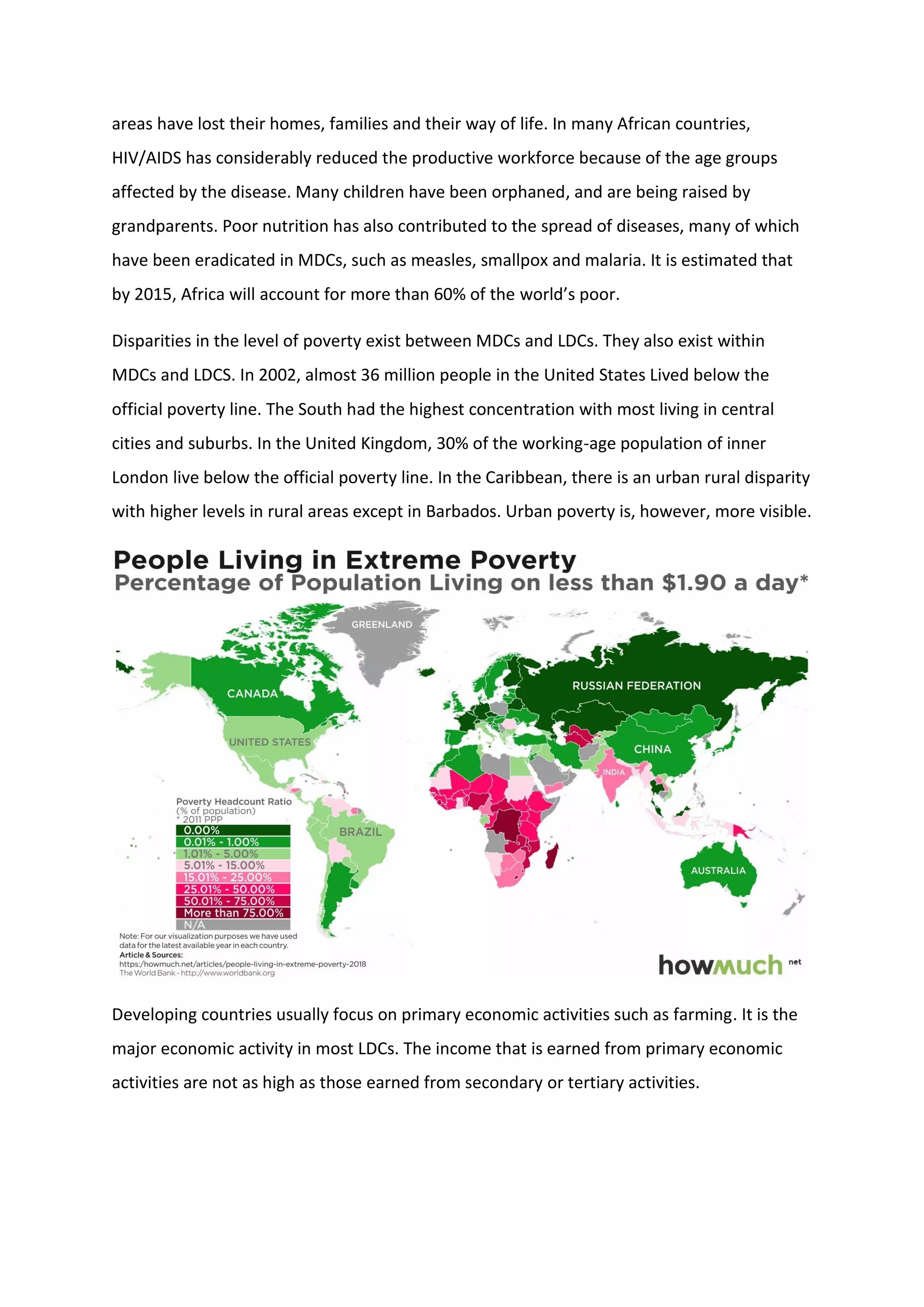 areas have lost their homes, families and their way of life. In many African countries,
HIV/AIDS has considerably reduced the productive workforce because of the age groups
affected by the disease. Many children have been orphaned, and are being raised by
grandparents. Poor nutrition has also contributed to the spread of diseases, many of which
have been eradicated in MDCs, such as measles, smallpox and malaria. It is estimated that
by 2015, Africa will account for more than 60% of the world’s poor.
Disparities in the level of poverty exist between MDCs and LDCs. They also exist within
MDCs and LDCS. In 2002, almost 36 million people in the United States Lived below the
official poverty line. The South had the highest concentration with most living in central
cities and suburbs. In the United Kingdom, 30% of the working-age population of inner
London live below the official poverty line. In the Caribbean, there is an urban rural disparity
with higher levels in rural areas except in Barbados. Urban poverty is, however, more visible.
Developing countries usually focus on primary economic activities such as farming. It is the
major economic activity in most LDCs. The income that is earned from primary economic
activities are not as high as those earned from secondary or tertiary activities.
 