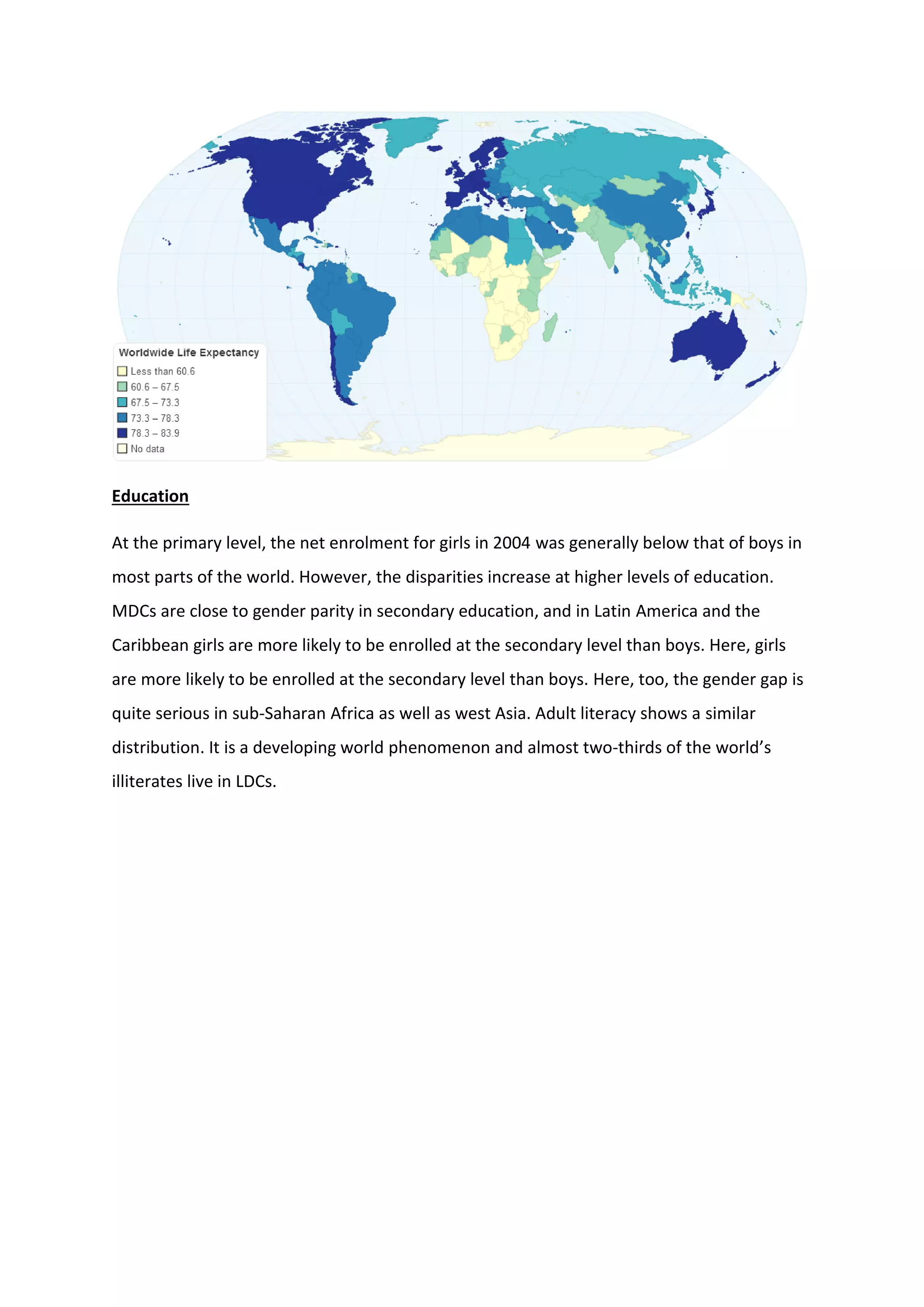 Education
At the primary level, the net enrolment for girls in 2004 was generally below that of boys in
most parts of the world. However, the disparities increase at higher levels of education.
MDCs are close to gender parity in secondary education, and in Latin America and the
Caribbean girls are more likely to be enrolled at the secondary level than boys. Here, girls
are more likely to be enrolled at the secondary level than boys. Here, too, the gender gap is
quite serious in sub-Saharan Africa as well as west Asia. Adult literacy shows a similar
distribution. It is a developing world phenomenon and almost two-thirds of the world’s
illiterates live in LDCs.
 