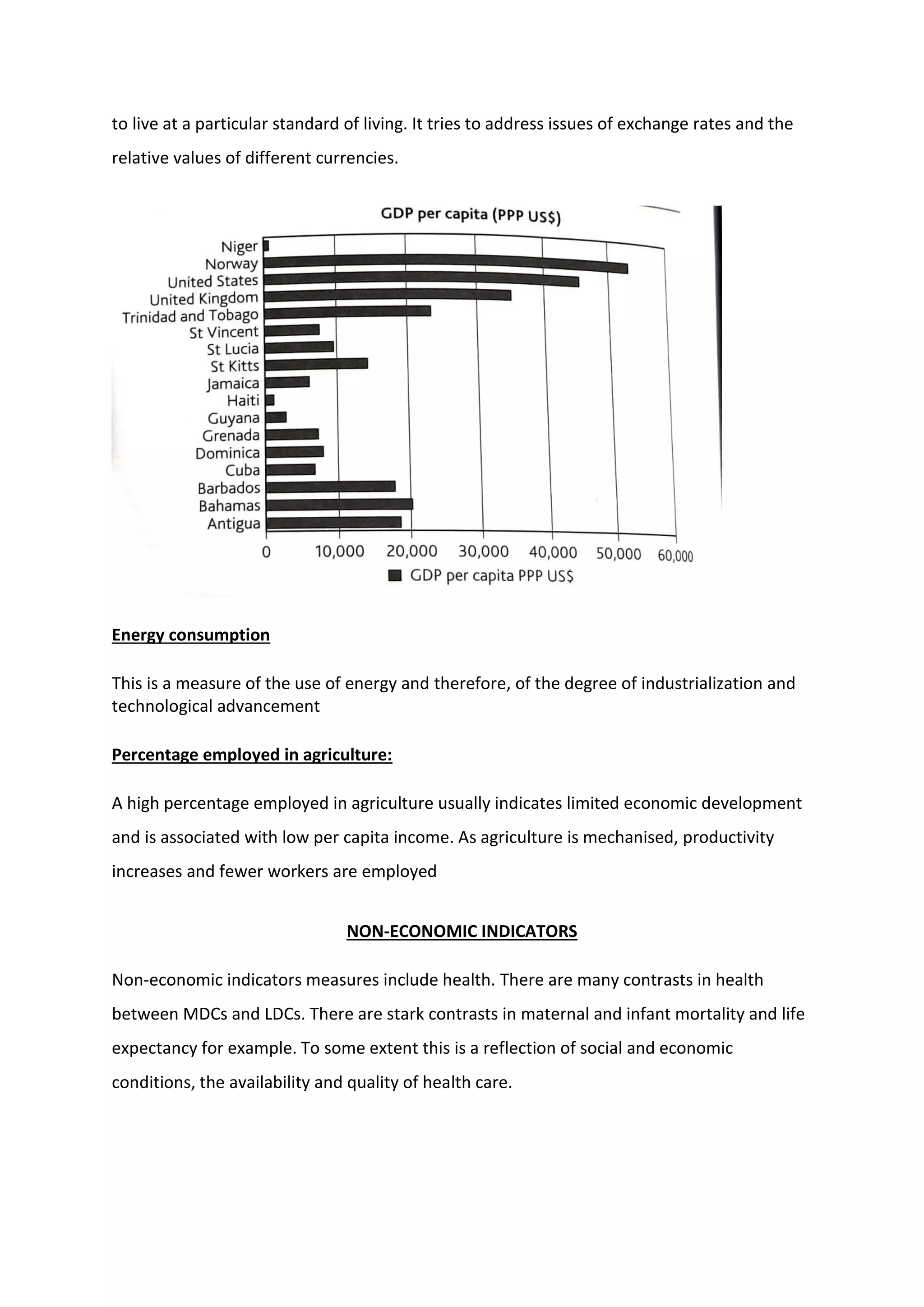 to live at a particular standard of living. It tries to address issues of exchange rates and the
relative values of different currencies.
Energy consumption
This is a measure of the use of energy and therefore, of the degree of industrialization and
technological advancement
Percentage employed in agriculture:
A high percentage employed in agriculture usually indicates limited economic development
and is associated with low per capita income. As agriculture is mechanised, productivity
increases and fewer workers are employed
NON-ECONOMIC INDICATORS
Non-economic indicators measures include health. There are many contrasts in health
between MDCs and LDCs. There are stark contrasts in maternal and infant mortality and life
expectancy for example. To some extent this is a reflection of social and economic
conditions, the availability and quality of health care.
 