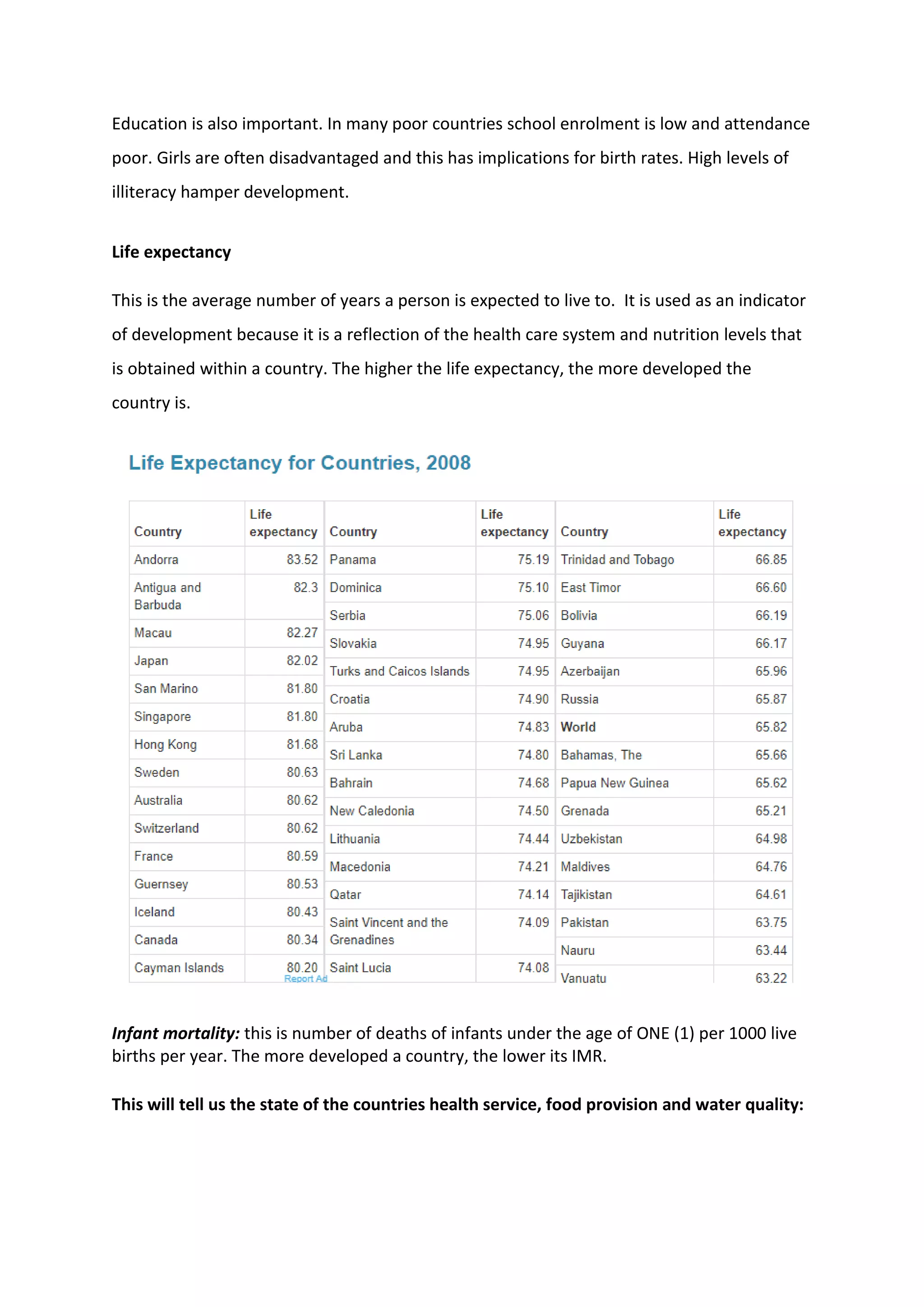 Education is also important. In many poor countries school enrolment is low and attendance
poor. Girls are often disadvantaged and this has implications for birth rates. High levels of
illiteracy hamper development.
Life expectancy
This is the average number of years a person is expected to live to. It is used as an indicator
of development because it is a reflection of the health care system and nutrition levels that
is obtained within a country. The higher the life expectancy, the more developed the
country is.
Infant mortality: this is number of deaths of infants under the age of ONE (1) per 1000 live
births per year. The more developed a country, the lower its IMR.
This will tell us the state of the countries health service, food provision and water quality:
 