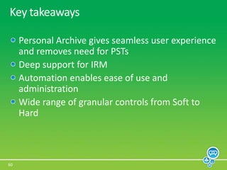 Regulatory retention schedules contribute to further volume/ storage issues Increasing storage and back-up costs Users forcedto manage quotaQuota management often results in growing PSTs (Outlook auto-archive) 