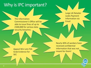 Why is IPC important?Large UK Retailer Leaks Payment Information via EmailThe Information Commissioner’s Office will be able to issue fines of up to £500,000 for serious data security breaches.Nearly 40% of workers have received confidential information that was not meant for them!Appeal Win Lets FSA Grab Evidence for SEC 