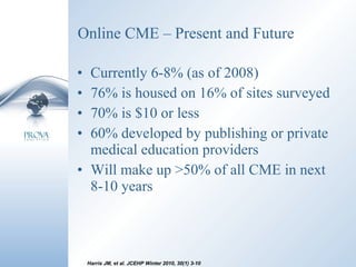 Online CME – Present and Future Currently 6-8% (as of 2008) 76% is housed on 16% of sites surveyed 70% is $10 or less 60% developed by publishing or private medical education providers Will make up >50% of all CME in next 8-10 years Harris JM, et al. JCEHP Winter 2010, 30(1) 3-10 