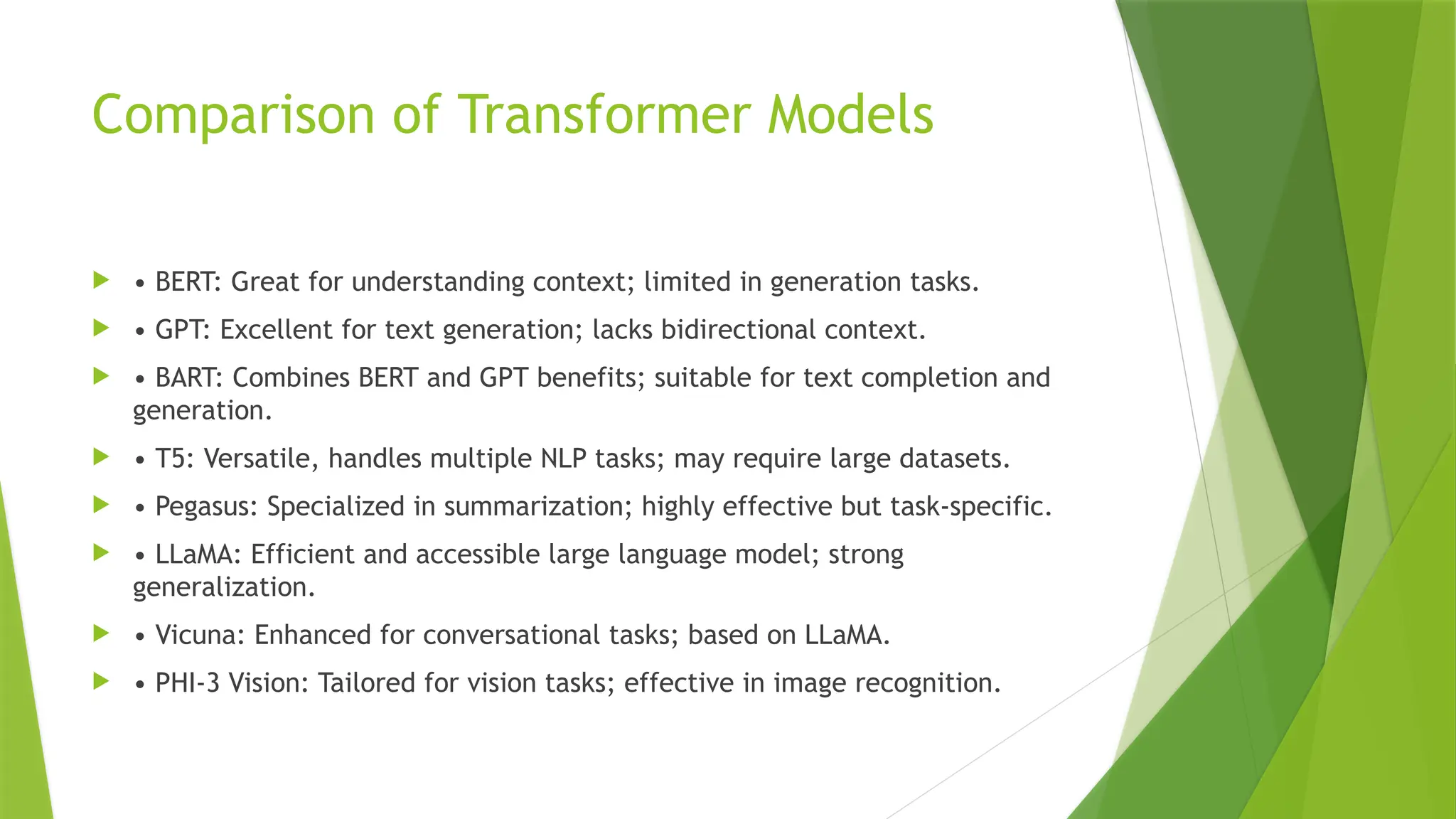 Comparison of Transformer Models
 • BERT: Great for understanding context; limited in generation tasks.
 • GPT: Excellent for text generation; lacks bidirectional context.
 • BART: Combines BERT and GPT benefits; suitable for text completion and
generation.
 • T5: Versatile, handles multiple NLP tasks; may require large datasets.
 • Pegasus: Specialized in summarization; highly effective but task-specific.
 • LLaMA: Efficient and accessible large language model; strong
generalization.
 • Vicuna: Enhanced for conversational tasks; based on LLaMA.
 • PHI-3 Vision: Tailored for vision tasks; effective in image recognition.
 