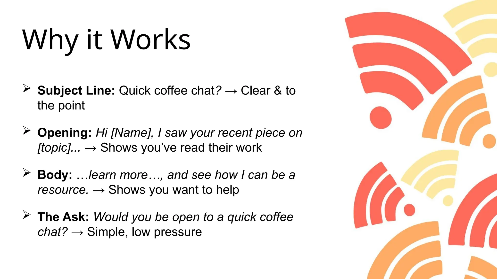 Why it Works
 Subject Line: Quick coffee chat? → Clear & to
the point
 Opening: Hi [Name], I saw your recent piece on
[topic]... → Shows you’ve read their work
 Body: …learn more…, and see how I can be a
resource. → Shows you want to help
 The Ask: Would you be open to a quick coffee
chat? → Simple, low pressure
 