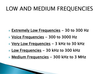  Extremely Low Frequencies - 30 to 300 Hz
 Voice Frequencies - 300 to 3000 Hz
 Very Low Frequencies - 3 kHz to 30 kHz
 Low Frequencies - 30 kHz to 300 kHz
 Medium Frequencies - 300 kHz to 3 MHz
 