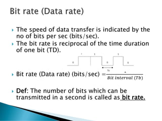  The speed of data transfer is indicated by the
no of bits per sec (bits/sec).
 The bit rate is reciprocal of the time duration
of one bit (TD).
 Bit rate (Data rate) (bits/sec) =
1
𝐵𝑖𝑡 𝑖𝑛𝑡𝑒𝑟𝑣𝑎𝑙 (𝑇𝑏)
 Def: The number of bits which can be
transmitted in a second is called as bit rate.
 