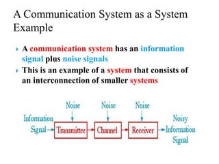  A communication system has an information
signal plus noise signals
 This is an example of a system that consists of
an interconnection of smaller systems
 