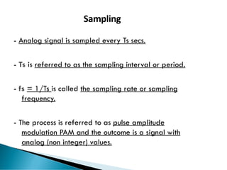 66
Sampling
- Analog signal is sampled every Ts secs.
- Ts is referred to as the sampling interval or period.
- fs = 1/Ts is called the sampling rate or sampling
frequency.
- The process is referred to as pulse amplitude
modulation PAM and the outcome is a signal with
analog (non integer) values.
 