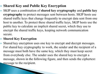  Shared Key and Public Key Encryption
 SKIP uses a combination of shared key cryptography and public key
cryptography to protect messages sent between hosts. SKIP hosts use
shared traffic keys that change frequently to encrypt data sent from one
host to another. To protect these shared traffic keys, SKIP hosts use the
public key to calculate an implicit shared secret, which they use to
encrypt the shared traffic keys, keeping network communication
secure.
 Shared Key Encryption
 Shared key encryption uses one key to encrypt and decrypt messages.
For shared key cryptography to work, the sender and the recipient of a
message must both have the same key, which they must keep secret
from everybody else. The sender uses the shared key to encrypt a
message, shown in the following figure, and then sends the ciphertext
message to the recipient.
 