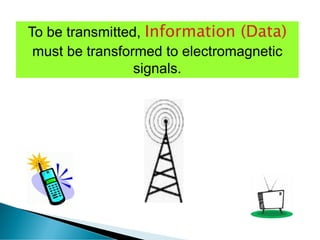 To be transmitted, Information (Data)
must be transformed to electromagnetic
signals.
 