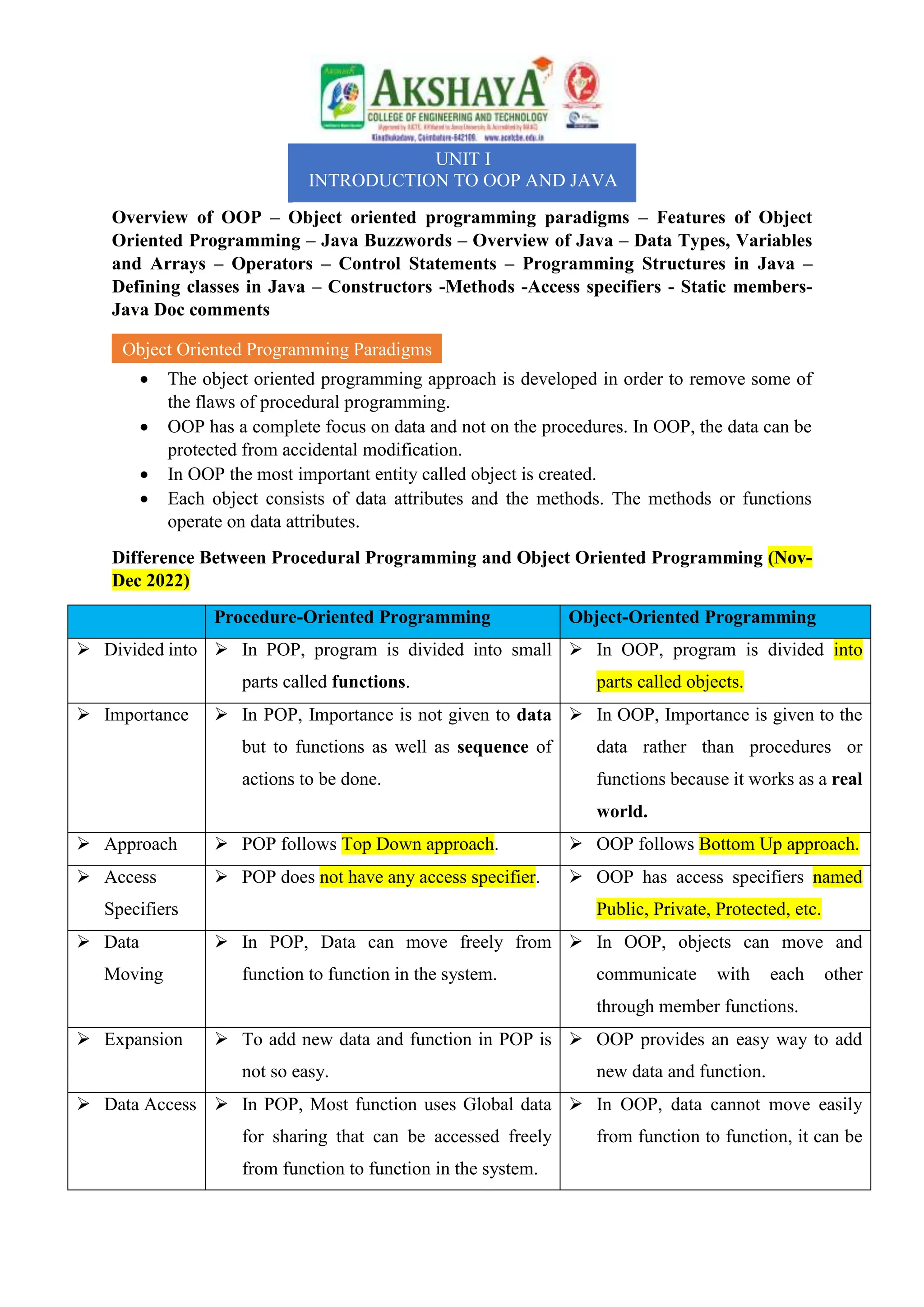 Object Oriented Programming All Unit Notes | DOCX
