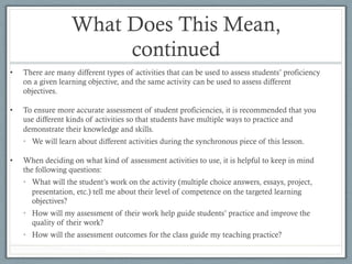 What Does This Mean,
continued
•  There are many different types of activities that can be used to assess students’ proficiency
on a given learning objective, and the same activity can be used to assess different
objectives.
•  To ensure more accurate assessment of student proficiencies, it is recommended that you
use different kinds of activities so that students have multiple ways to practice and
demonstrate their knowledge and skills.
•  We will learn about different activities during the synchronous piece of this lesson.
•  When deciding on what kind of assessment activities to use, it is helpful to keep in mind
the following questions:
•  What will the student’s work on the activity (multiple choice answers, essays, project,
presentation, etc.) tell me about their level of competence on the targeted learning
objectives?
•  How will my assessment of their work help guide students’ practice and improve the
quality of their work?
•  How will the assessment outcomes for the class guide my teaching practice?
 