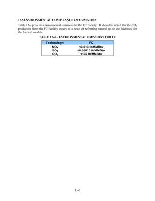 15.5 ENVIRONMENTAL COMPLIANCE INFORMATION
Table 15-4 presents environmental emissions for the FC Facility. It should be noted that the CO2
production from the FC Facility occurs as a result of reforming natural gas to the feedstock for
the fuel cell module.
                TABLE 15-4 – ENVIRONMENTAL EMISSIONS FOR FC
                      Technology:                      FC
                         NOX                    <0.013 lb/MMBtu
                          SO2                  <0.00013 lb/MMBtu
                          CO2                    <130 lb/MMBtu




                                             15-6
 