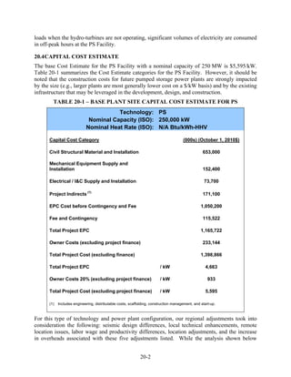 loads when the hydro-turbines are not operating, significant volumes of electricity are consumed
in off-peak hours at the PS Facility.

20.4 CAPITAL COST ESTIMATE
The base Cost Estimate for the PS Facility with a nominal capacity of 250 MW is $5,595/kW.
Table 20-1 summarizes the Cost Estimate categories for the PS Facility. However, it should be
noted that the construction costs for future pumped storage power plants are strongly impacted
by the size (e.g., larger plants are most generally lower cost on a $/kW basis) and by the existing
infrastructure that may be leveraged in the development, design, and construction.
        TABLE 20-1 – BASE PLANT SITE CAPITAL COST ESTIMATE FOR PS
                                       Technology: PS
                             Nominal Capacity (ISO): 250,000 kW
                            Nominal Heat Rate (ISO): N/A Btu/kWh-HHV

      Capital Cost Category                                                           (000s) (October 1, 2010$)

      Civil Structural Material and Installation                                                  653,000

      Mechanical Equipment Supply and
      Installation                                                                                152,400

      Electrical / I&C Supply and Installation                                                     73,700

      Project Indirects (1)                                                                       171,100

      EPC Cost before Contingency and Fee                                                        1,050,200

      Fee and Contingency                                                                         115,522

      Total Project EPC                                                                          1,165,722

      Owner Costs (excluding project finance)                                                     233,144

      Total Project Cost (excluding finance)                                                     1,398,866

      Total Project EPC                                                  / kW                       4,663

      Owner Costs 20% (excluding project finance)                        / kW                        933

      Total Project Cost (excluding project finance)                    / kW                        5,595

      (1)   Includes engineering, distributable costs, scaffolding, construction management, and start-up.



For this type of technology and power plant configuration, our regional adjustments took into
consideration the following: seismic design differences, local technical enhancements, remote
location issues, labor wage and productivity differences, location adjustments, and the increase
in overheads associated with these five adjustments listed. While the analysis shown below


                                                             20-2
 