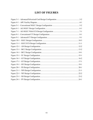 LIST OF FIGURES

Figure 3-1 – Advanced Pulverized Coal Design Configuration .................................................. 3-2 
Figure 4-1 – APC Facility Diagram ............................................................................................. 4-1 
Figure 5-1 – Conventional NGCC Design Configuration ........................................................... 5-2 
Figure 6-1 – AG-NGCC Design Configuration ........................................................................... 6-1 
Figure 7-1 – AG-NGCC With CCS Design Configuration ......................................................... 7-1 
Figure 8-1 – Conventional CT Design Configuration ................................................................. 8-1 
Figure 9-1 – Advanced CT Design Configuration ....................................................................... 9-1 
Figure 10-1 – IGCC Design Configuration ............................................................................... 10-3 
Figure 11-1 – IGCC/CCS Design Configuration ....................................................................... 11-1 
Figure 12-1 – AN Design Configuration ................................................................................... 12-2 
Figure 13-1 – BCC Design Configuration ................................................................................. 13-2 
Figure 14-1 – BCC Design Configuration ................................................................................. 14-1 
Figure 15-1 – FC Design Configuration .................................................................................... 15-1 
Figure 16-1 – GT Design Configuration .................................................................................... 16-2 
Figure 17-1 – GT Design Configuration .................................................................................... 17-1 
Figure 19-1 – HY Design Configuration ................................................................................... 19-1 
Figure 20-1 – PS Design Configuration..................................................................................... 20-1 
Figure 21-1 – WN Design Configuration .................................................................................. 21-1 
Figure 22-1 – WF Design Configuration ................................................................................... 22-2 
Figure 23-1 – SO Design Configuration .................................................................................... 23-2 
Figure 24-1 – PV Design Configuration .................................................................................... 24-1 




                                                               vii
 