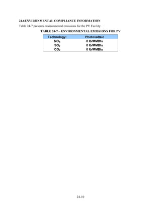 24.6 ENVIRONMENTAL COMPLIANCE INFORMATION
Table 24-7 presents environmental emissions for the PV Facility.
                TABLE 24-7 – ENVIRONMENTAL EMISSIONS FOR PV
                      Technology:                   Photovoltaic
                         NOX                         0 lb/MMBtu
                          SO2                        0 lb/MMBtu
                          CO2                        0 lb/MMBtu




                                            24-10
 
