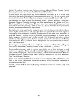 included in outdoor installation are Alabama, Arizona, Arkansas, Florida, Georgia, Hawaii,
Louisiana, Mississippi, New Mexico, South Carolina, and Puerto Rico.
Seismic design differences among the various locations were based on U.S. seismic map
information that detailed the various seismic zones throughout the U.S. No cost increases were
associated with seismic Zone 0 and cost step increases were considered for Zones 1, 2, 3 and 4.
The locations with local technical enhancements include California, Colorado, Connecticut,
Delaware, District of Columbia, Louisiana, Maryland, Massachusetts, New Jersey, New York,
Rhode Island, Vermont, and Virginia. These are areas where noise, visual impacts, and other
technical enhancements generally need to be made by a project developer or utility to comply
with the applicable permitting/siting requirements.
Remote location issues are related to geographic areas that typically require installation of man
camps, higher craft incentives, and higher per diems are generally required with respect to
construction, due to the fact that such areas are long distances from urban areas, where labor is
generally abundant. Remote location designations were also considered in locations where
higher equipment freight costs are typically incurred, which for example are regions not near
established rail or highway access. Remote locations related to the Conventional CT Facility
include Fairbanks, Alaska; Honolulu, Hawaii; Albuquerque, New Mexico; Cheyenne, Wyoming;
and Cayey, Puerto Rico.
Labor wage and productivity differences were handled as discussed in Section 2.5.1, taking into
consideration the amount of labor we estimated for the Conventional CT Facility.
Location adjustments were made to locations where higher cost of living levels are incurred
and/or where population density generally correlates to higher construction costs for power and
other infrastructure projects. These locations include Alaska, California, Connecticut, Delaware,
District of Columbia, Hawaii, Illinois, Maine, Maryland, Massachusetts, Michigan, Minnesota,
New York, Ohio, and Wisconsin.
Owner costs were reviewed based on the need for utility upgrades and/or infrastructure costs
such as new facility transmission lines to tie to existing utility transmission substations or
existing transmission lines.
Table 8-2 presents the Conventional CT Facility capital cost variations for alternative U.S. plant
locations.




                                               8-3
 