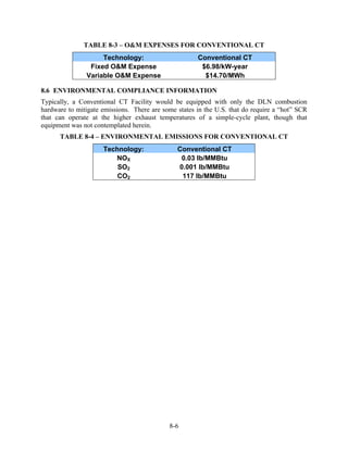 TABLE 8-3 – O&M EXPENSES FOR CONVENTIONAL CT
                    Technology:                       Conventional CT
                Fixed O&M Expense                      $6.98/kW-year
               Variable O&M Expense                     $14.70/MWh

8.6 ENVIRONMENTAL COMPLIANCE INFORMATION
Typically, a Conventional CT Facility would be equipped with only the DLN combustion
hardware to mitigate emissions. There are some states in the U.S. that do require a “hot” SCR
that can operate at the higher exhaust temperatures of a simple-cycle plant, though that
equipment was not contemplated herein.
      TABLE 8-4 – ENVIRONMENTAL EMISSIONS FOR CONVENTIONAL CT
                     Technology:               Conventional CT
                        NOX                     0.03 lb/MMBtu
                         SO2                   0.001 lb/MMBtu
                         CO2                    117 lb/MMBtu




                                            8-6
 