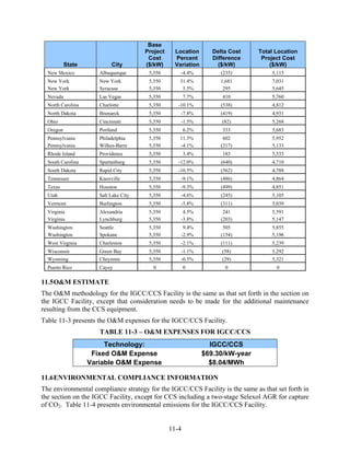 Base
                                       Project    Location        Delta Cost    Total Location
                                        Cost      Percent         Difference     Project Cost
           State           City        ($/kW)     Variation         ($/kW)          ($/kW)
  New Mexico          Albuquerque       5,350        -4.4%           (235)          5,115
  New York            New York          5,350       31.4%           1,681           7,031
  New York            Syracuse          5,350        5.5%            295            5,645
  Nevada              Las Vegas         5,350           7.7%         410            5,760
  North Carolina      Charlotte         5,350       -10.1%           (538)          4,812
  North Dakota        Bismarck          5,350        -7.8%           (419)          4,931
  Ohio                Cincinnati        5,350        -1.5%           (82)           5,268
  Oregon              Portland          5,350           6.2%         333            5,683
  Pennsylvania        Philadelphia      5,350       11.3%             602           5,952
  Pennsylvania        Wilkes-Barre      5,350       -4.1%            (217)          5,133
  Rhode Island        Providence        5,350           3.4%         183            5,533
  South Carolina      Spartanburg       5,350       -12.0%           (640)          4,710
  South Dakota        Rapid City        5,350       -10.5%           (562)          4,788
  Tennessee           Knoxville         5,350        -9.1%           (486)          4,864
  Texas               Houston           5,350        -9.3%           (499)          4,851
  Utah                Salt Lake City    5,350        -4.6%           (245)          5,105
  Vermont             Burlington        5,350        -5.8%           (311)          5,039
  Virginia            Alexandria        5,350         4.5%            241           5,591
  Virginia            Lynchburg         5,350        -3.8%           (203)          5,147
  Washington          Seattle           5,350         9.4%            505           5,855
  Washington          Spokane           5,350        -2.9%           (154)          5,196
  West Virginia       Charleston        5,350        -2.1%           (111)          5,239
  Wisconsin           Green Bay         5,350        -1.1%           (58)           5,292
  Wyoming             Cheyenne          5,350        -0.5%           (29)           5,321
  Puerto Rico         Cayey               0             0             0               0

11.5 O&M ESTIMATE
The O&M methodology for the IGCC/CCS Facility is the same as that set forth in the section on
the IGCC Facility, except that consideration needs to be made for the additional maintenance
resulting from the CCS equipment.
Table 11-3 presents the O&M expenses for the IGCC/CCS Facility.
                      TABLE 11-3 – O&M EXPENSES FOR IGCC/CCS
                        Technology:                              IGCC/CCS
                    Fixed O&M Expense                          $69.30/kW-year
                   Variable O&M Expense                          $8.04/MWh

11.6 ENVIRONMENTAL COMPLIANCE INFORMATION
The environmental compliance strategy for the IGCC/CCS Facility is the same as that set forth in
the section on the IGCC Facility, except for CCS including a two-stage Selexol AGR for capture
of CO2. Table 11-4 presents environmental emissions for the IGCC/CCS Facility.


                                                 11-4
 