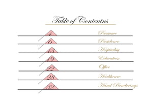 Table of Contentns
Residence
Office
Hospitality
Healthcare
Education
Hand Renderings
6
13
19
22
28
32
Ressume4
 