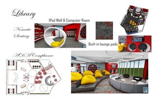 Library
ADACompliance
Nomatic
Seating
IPad Wall & Computer Room
Built-in lounge pods
 