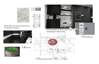 Elevation
Dimensioned Floor Plan
Shower
Heated floor mats and towel rack were in-
corporated for comfort
Dual flush toilet and facuet control were in-
corporated for energy saving
 