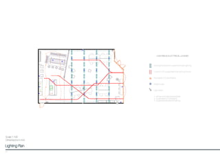 blank
Lighting Plan
LIGHTING & ELECTRICAL LEGEND
Existing fluorescent suspended tube lighting
Custom LED suspended strip lighting fixtures
Recessed LED downlights
Power outlet
Lightswitch
1-Kitchenandcabinetdownlights
2-SuspendedLEDstriplights
3-Suspendedfluorescentlighting
28
Scale 1:100
Dimensions in mm
 