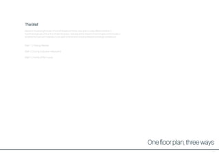 33
One floor plan, three ways
The Brief:
Based on the existing floor plan of a small 3 bedroom home, I was given 3 vastly different briefs for 3
hypothetical groups of tenants to inhabit the space. I was required to research mood imagery and formulate a
rendered floor pan with matierality to suit each of the tenants’ individual lifestyles and design preferences.
Brief 1 | Titirangi Retreat
Brief 2 | Sunny Suburban Mexicana
Brief 3 | Home of the Future
 
