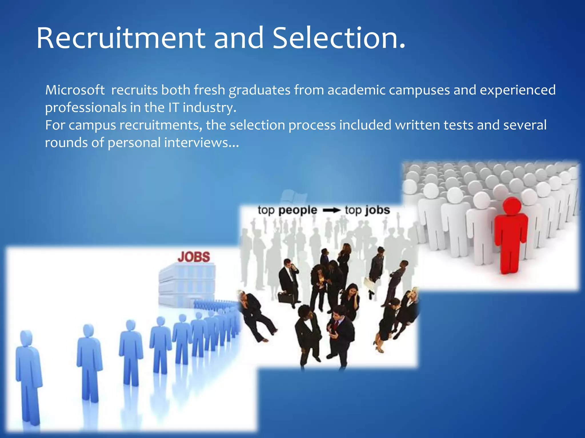 Recruitment and Selection.
Microsoft recruits both fresh graduates from academic campuses and experienced
professionals in the IT industry.
For campus recruitments, the selection process included written tests and several
rounds of personal interviews...
 